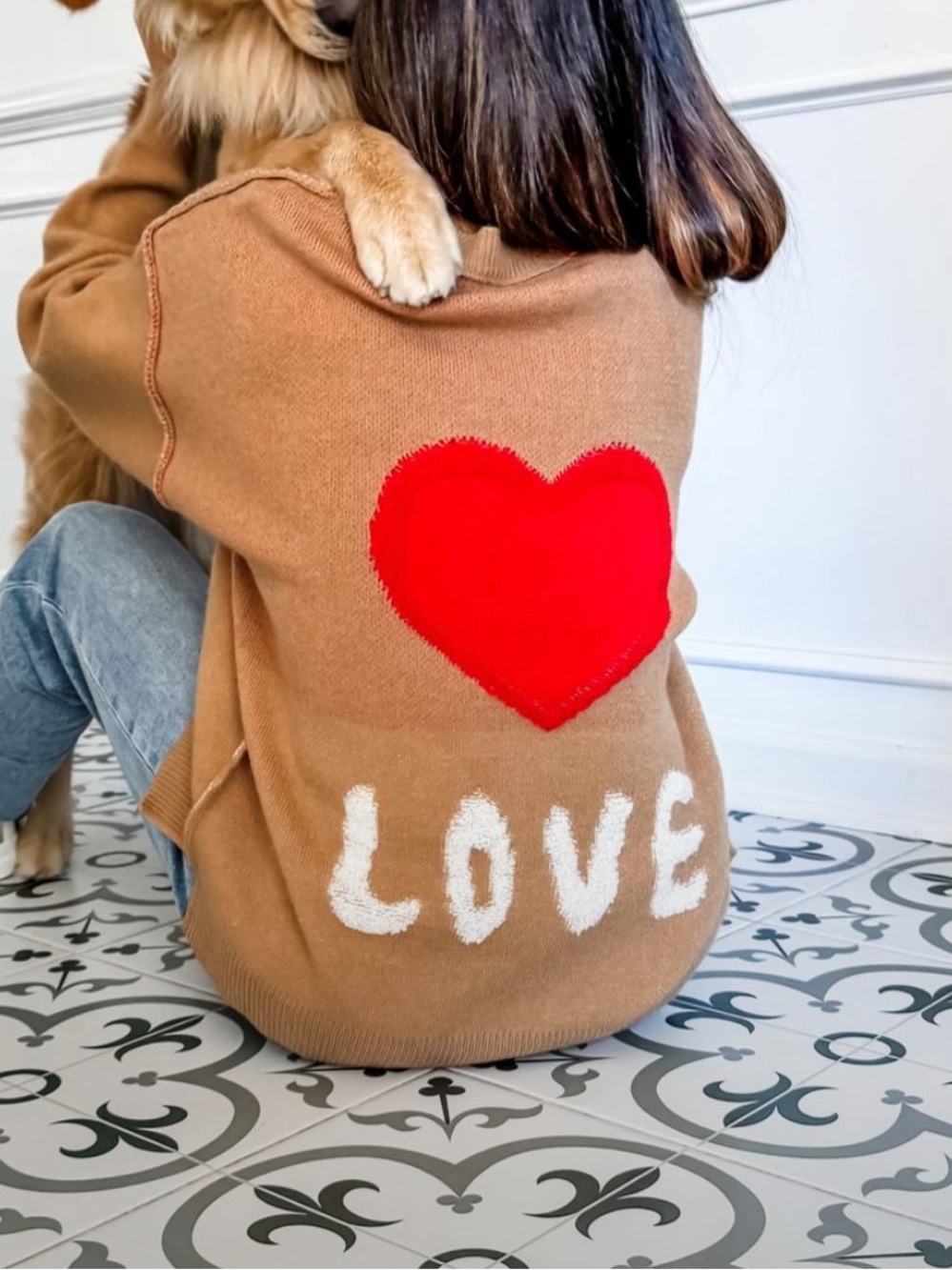 Copper Oversize Sweater with Red Heart & White 'LOVE' Detail🚌